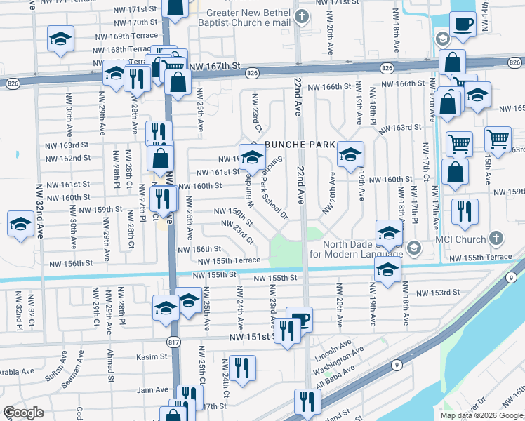 map of restaurants, bars, coffee shops, grocery stores, and more near 15825 Northwest 159th Street Road in Miami Gardens
