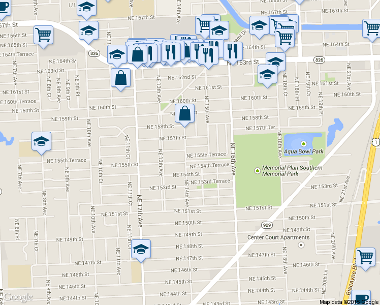 map of restaurants, bars, coffee shops, grocery stores, and more near 15540 Northeast 14th Avenue in North Miami Beach