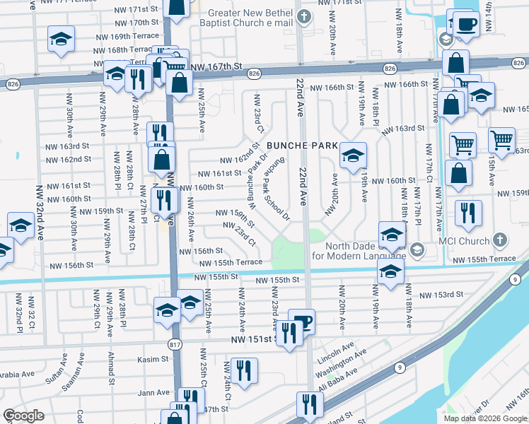 map of restaurants, bars, coffee shops, grocery stores, and more near 15825 Northwest 159th Street Road in Miami Gardens