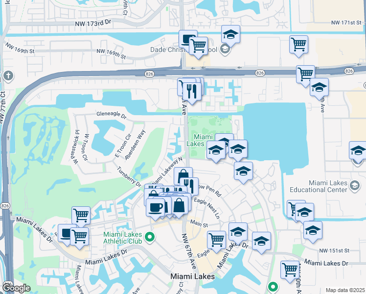 map of restaurants, bars, coffee shops, grocery stores, and more near 15892 Kilmarnock Drive in Miami Lakes