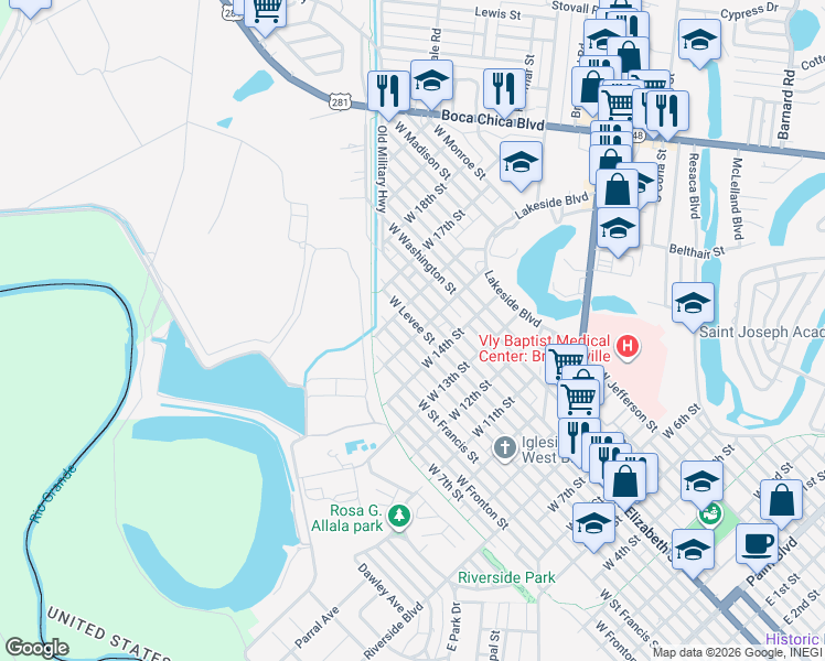 map of restaurants, bars, coffee shops, grocery stores, and more near 1515 West Saint Charles Street in Brownsville