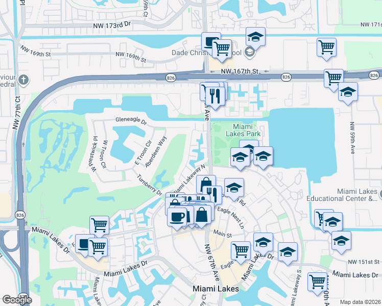 map of restaurants, bars, coffee shops, grocery stores, and more near 15892 Kilmarnock Drive in Miami Lakes