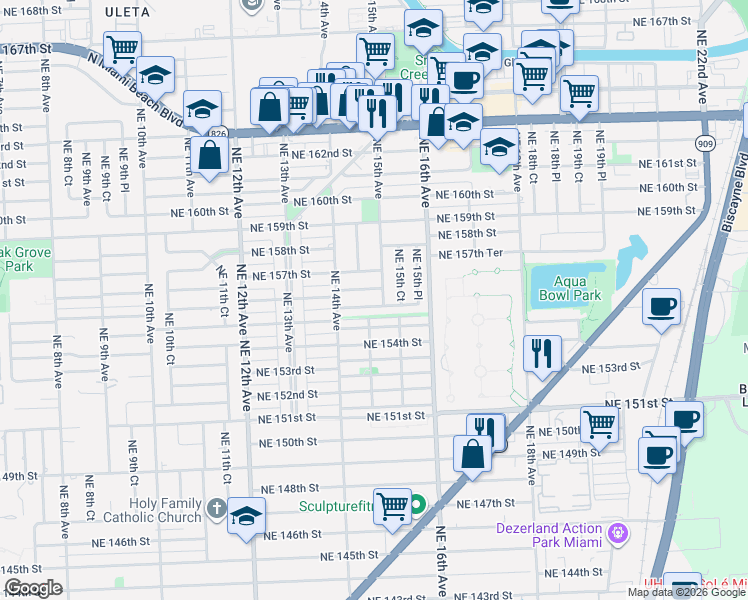 map of restaurants, bars, coffee shops, grocery stores, and more near 1460 Northeast 155th Terrace in North Miami Beach