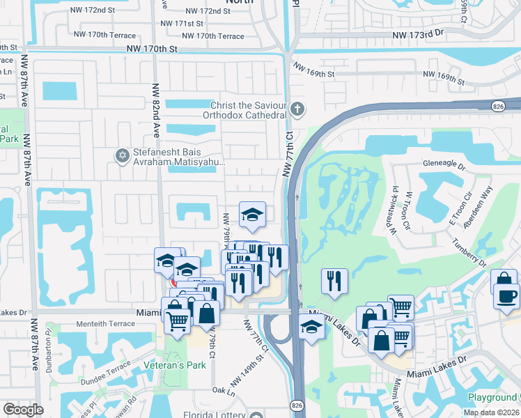 map of restaurants, bars, coffee shops, grocery stores, and more near 7751 Northwest 159th Terrace in Miami Lakes