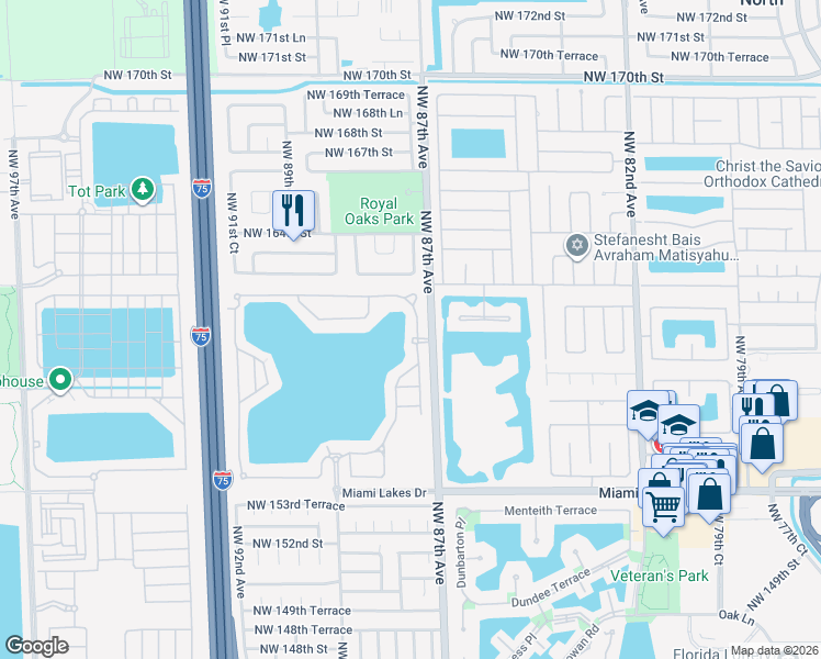 map of restaurants, bars, coffee shops, grocery stores, and more near 15947 Northwest 87th Court in Miami Lakes