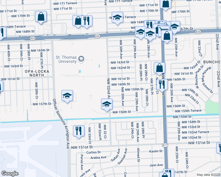 map of restaurants, bars, coffee shops, grocery stores, and more near 3100 Northwest 159th Street in Opa-locka