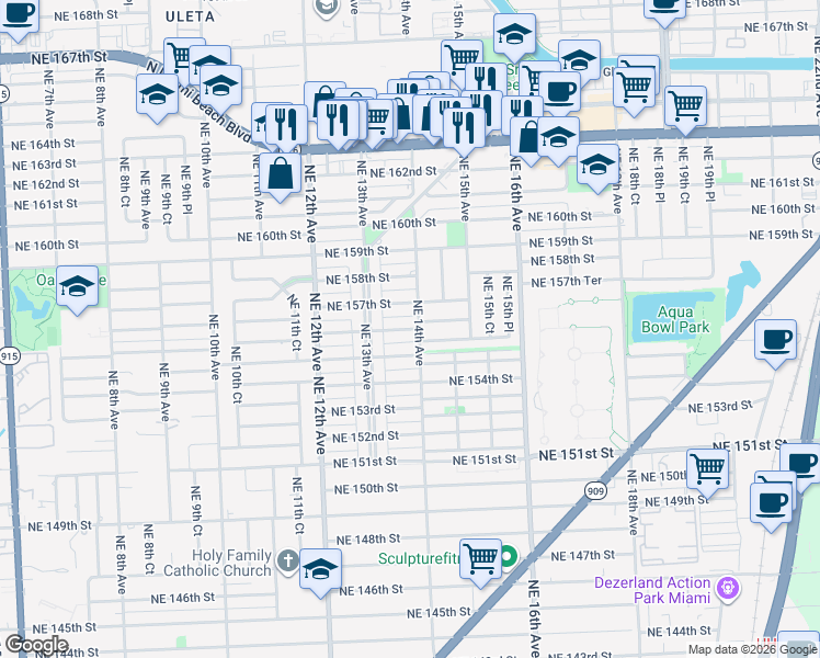 map of restaurants, bars, coffee shops, grocery stores, and more near 15540 Northeast 14th Avenue in North Miami Beach