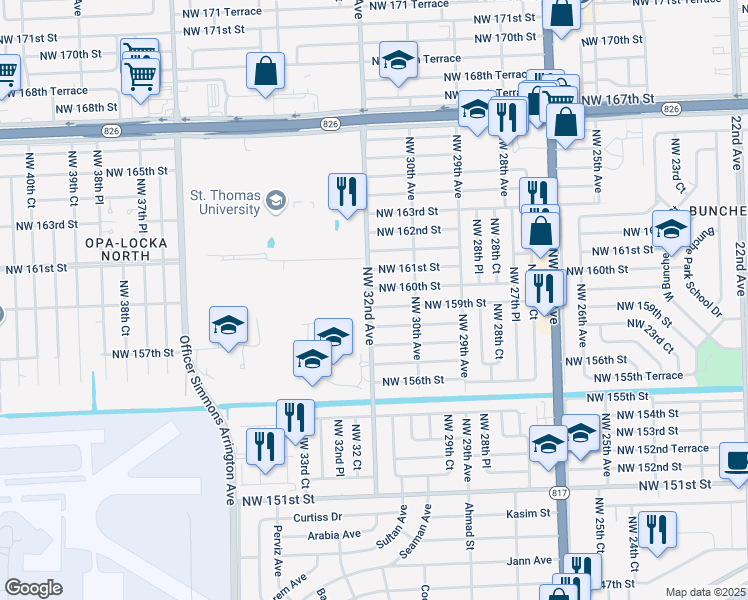map of restaurants, bars, coffee shops, grocery stores, and more near 3100 Northwest 159th Street in Opa-locka