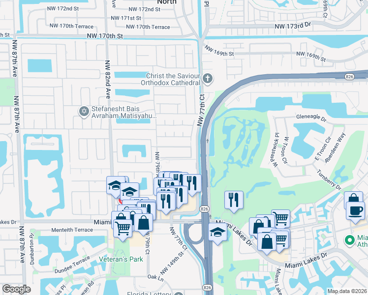 map of restaurants, bars, coffee shops, grocery stores, and more near 7751 Northwest 159th Terrace in Miami Lakes
