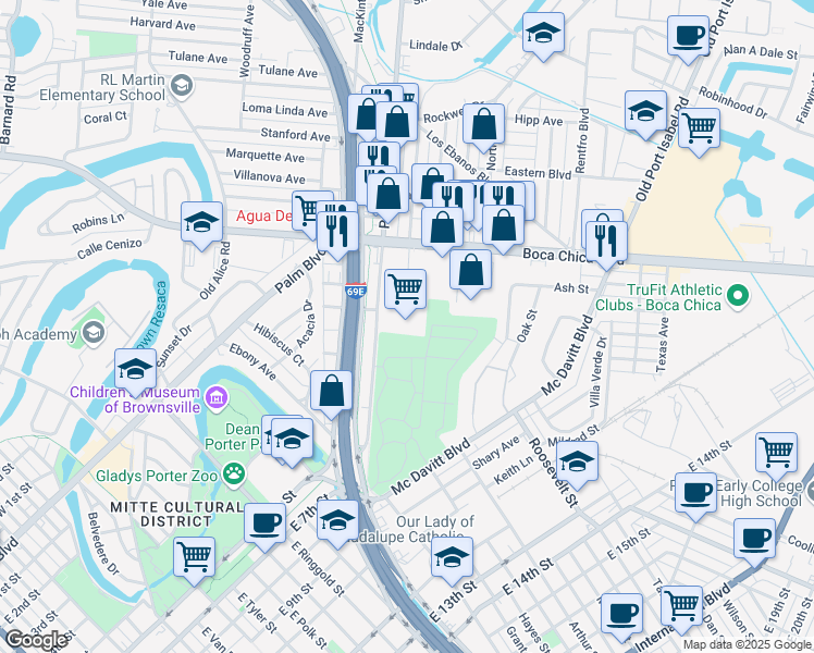 map of restaurants, bars, coffee shops, grocery stores, and more near 2250 Boca Chica Boulevard in Brownsville