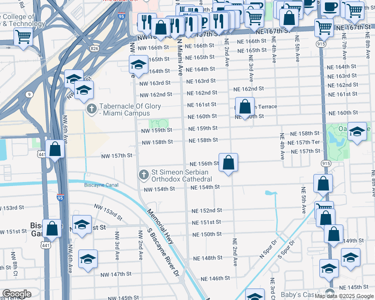 map of restaurants, bars, coffee shops, grocery stores, and more near 55 Northeast 156th Street in Miami