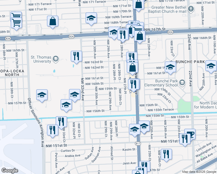 map of restaurants, bars, coffee shops, grocery stores, and more near 2901 Northwest 158th Street in Opa-locka