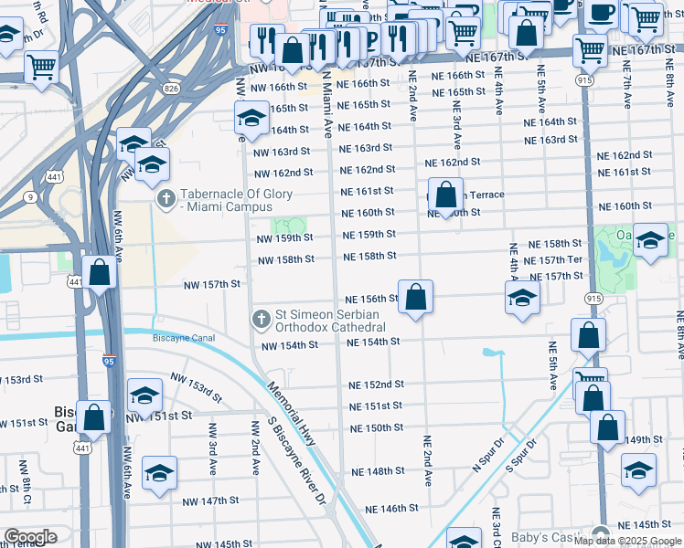 map of restaurants, bars, coffee shops, grocery stores, and more near 55 Northeast 156th Street in Miami