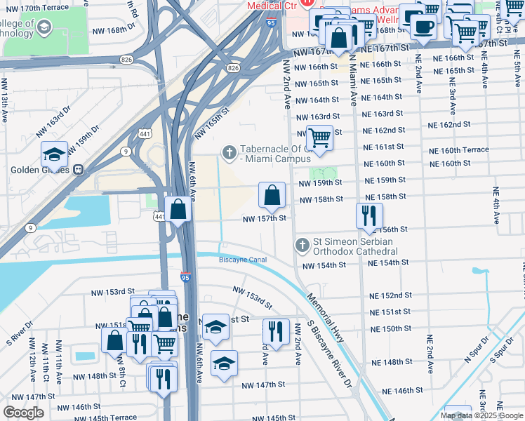 map of restaurants, bars, coffee shops, grocery stores, and more near 320 Northwest 157th Street in Miami