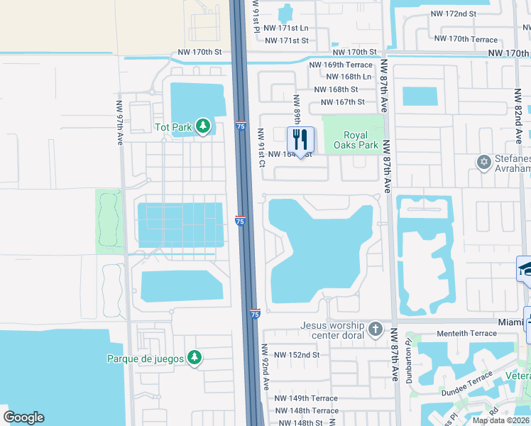 map of restaurants, bars, coffee shops, grocery stores, and more near 15922 Northwest 91st Court in Miami Lakes