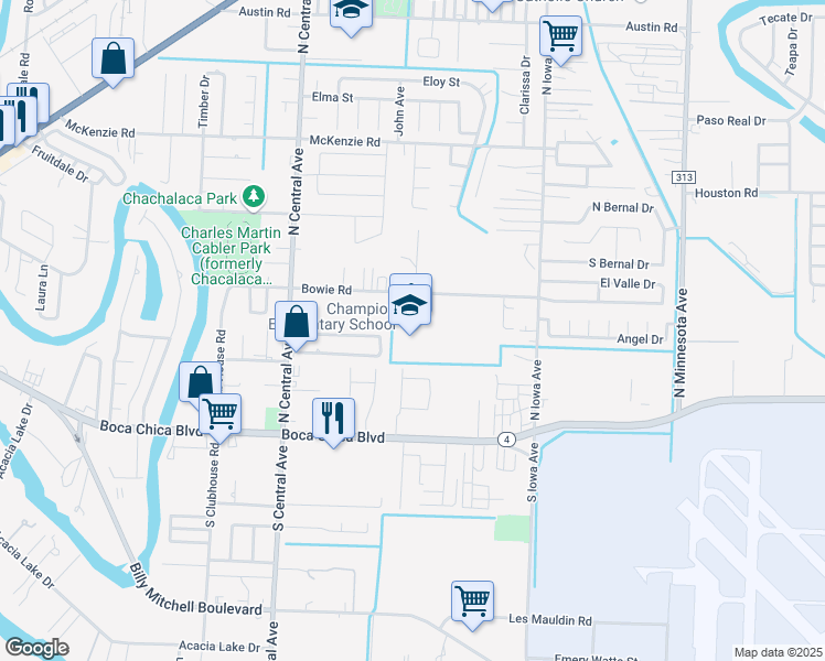 map of restaurants, bars, coffee shops, grocery stores, and more near 4750 Bowie Road in Brownsville