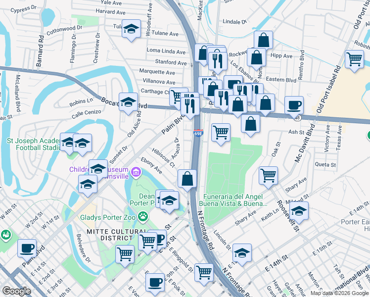 map of restaurants, bars, coffee shops, grocery stores, and more near 106-228 Frontage Rd in Brownsville