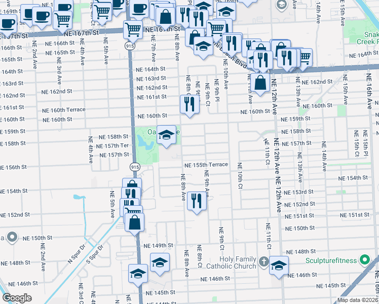 map of restaurants, bars, coffee shops, grocery stores, and more near 871 Northeast 157th Terrace in North Miami Beach
