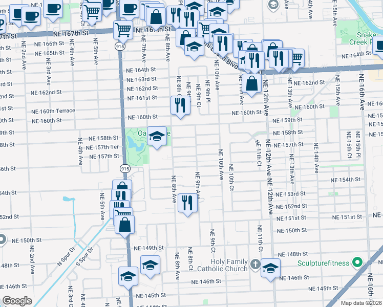 map of restaurants, bars, coffee shops, grocery stores, and more near 871 Northeast 157th Terrace in North Miami Beach