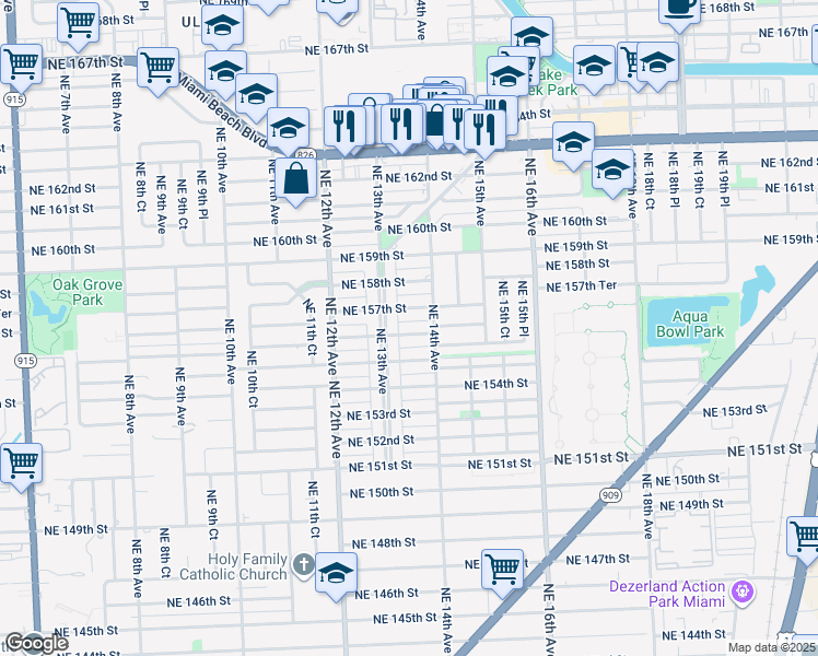 map of restaurants, bars, coffee shops, grocery stores, and more near 15690 Northeast 14th Avenue in North Miami Beach