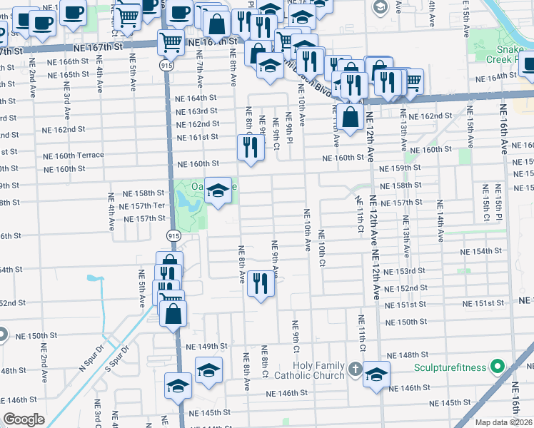 map of restaurants, bars, coffee shops, grocery stores, and more near 871 Northeast 157th Terrace in North Miami Beach
