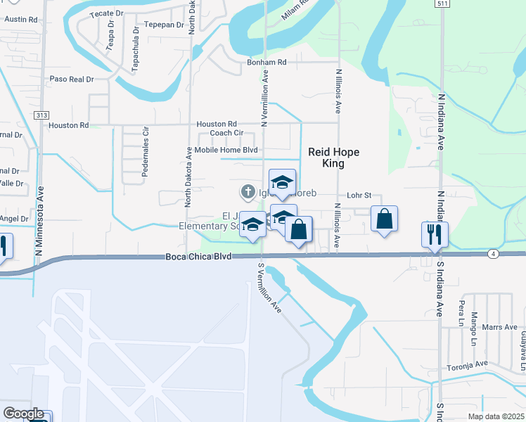 map of restaurants, bars, coffee shops, grocery stores, and more near 300 North Vermillion Avenue in Brownsville