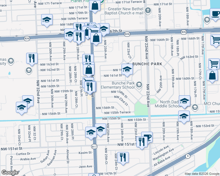 map of restaurants, bars, coffee shops, grocery stores, and more near 2510 Northwest 159th Terrace in Opa-locka