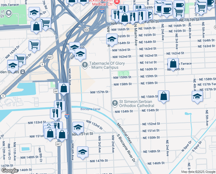 map of restaurants, bars, coffee shops, grocery stores, and more near 246 Northwest 159th Street in Miami