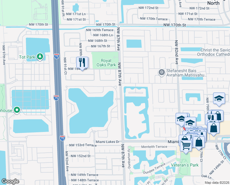 map of restaurants, bars, coffee shops, grocery stores, and more near 16105 Northwest 87th Court in Miami Lakes