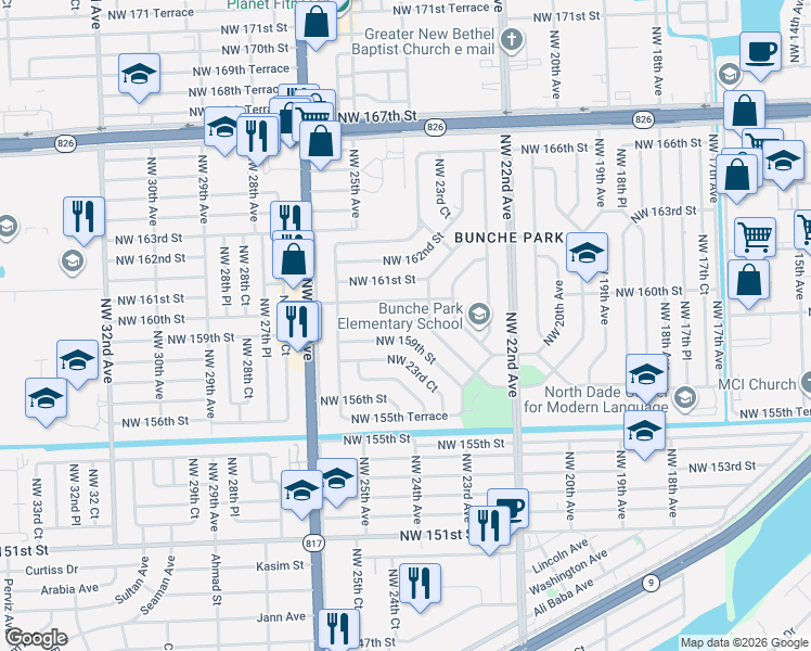 map of restaurants, bars, coffee shops, grocery stores, and more near 2440 Northwest 160th Street in Opa-locka