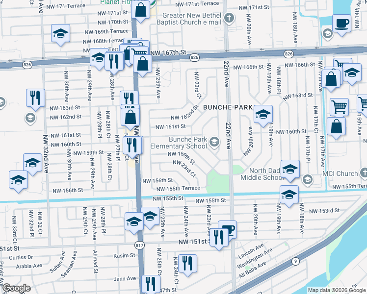map of restaurants, bars, coffee shops, grocery stores, and more near 2440 Northwest 160th Street in Opa-locka