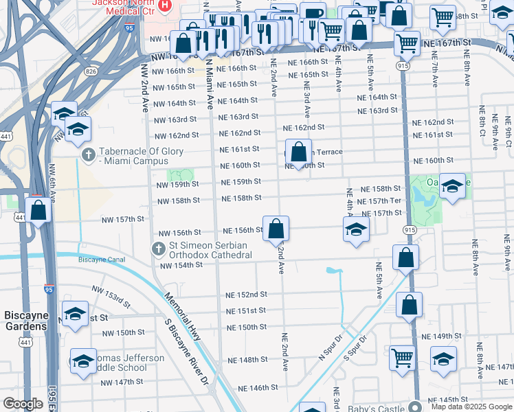 map of restaurants, bars, coffee shops, grocery stores, and more near 130 Northeast 158th Street in Miami