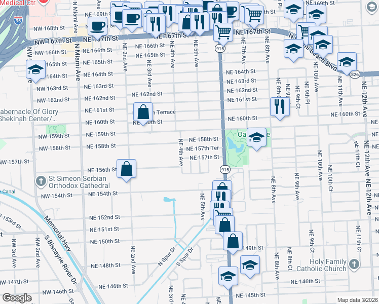 map of restaurants, bars, coffee shops, grocery stores, and more near 405 Northeast 157th Terrace in Miami
