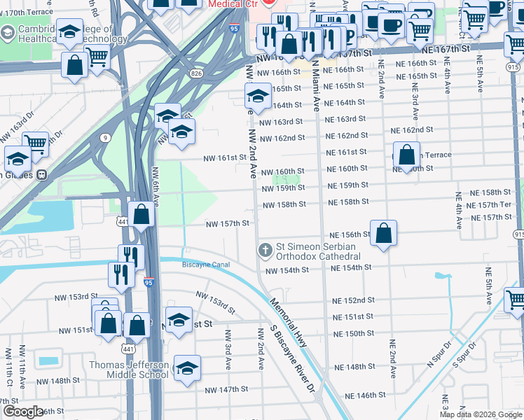 map of restaurants, bars, coffee shops, grocery stores, and more near 171 Northwest 158th Street in Miami