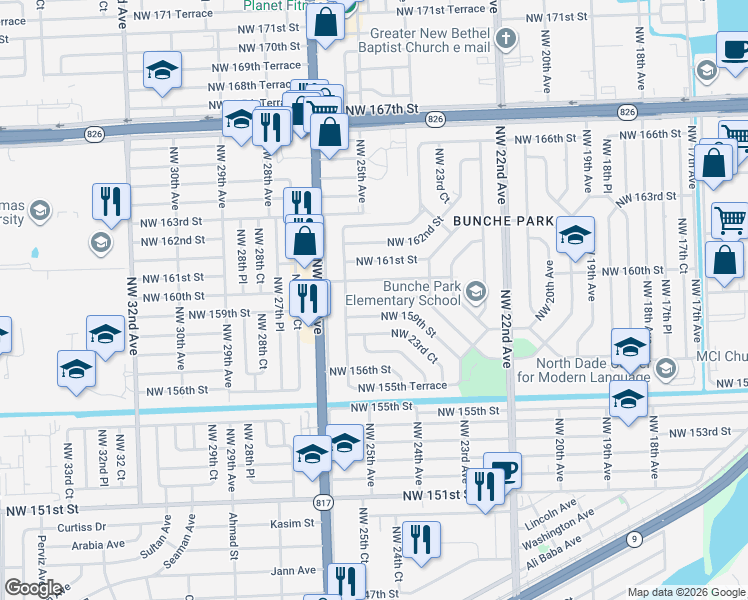 map of restaurants, bars, coffee shops, grocery stores, and more near 2530 Northwest 160th Street in Opa-locka
