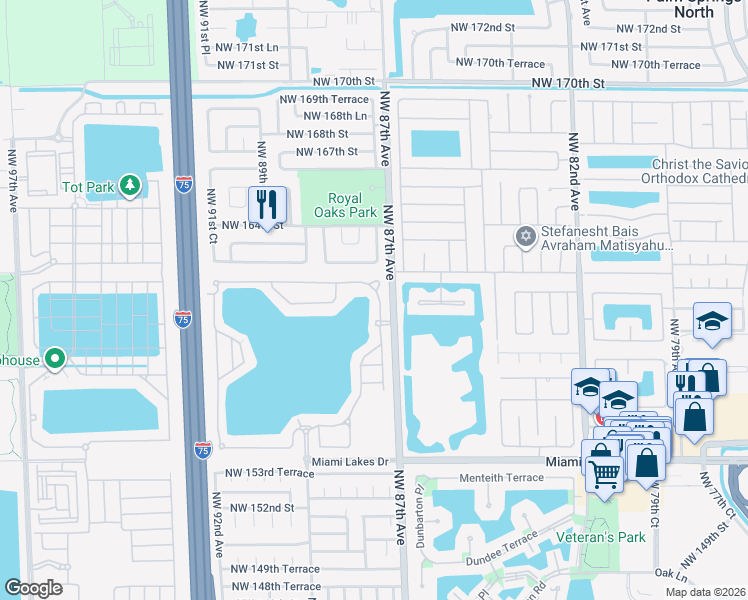 map of restaurants, bars, coffee shops, grocery stores, and more near 16105 Northwest 87th Court in Miami Lakes