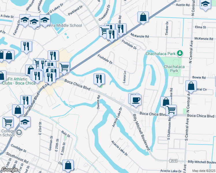 map of restaurants, bars, coffee shops, grocery stores, and more near 3775 Boca Chica Boulevard in Brownsville