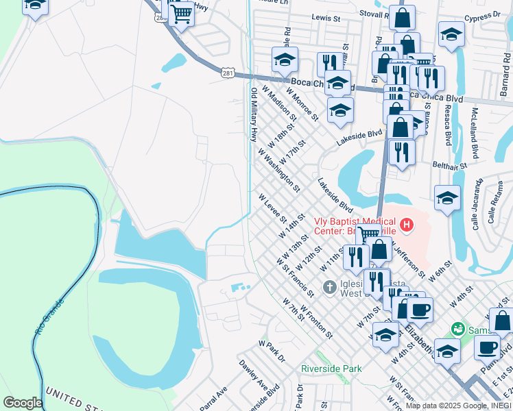 map of restaurants, bars, coffee shops, grocery stores, and more near 1608 West Levee Street in Brownsville