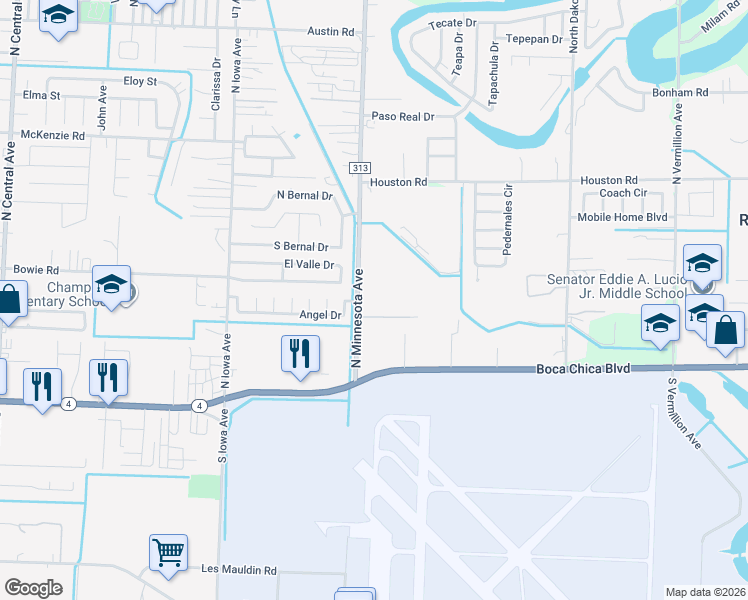 map of restaurants, bars, coffee shops, grocery stores, and more near 406-412 North Minnesota Avenue in Brownsville