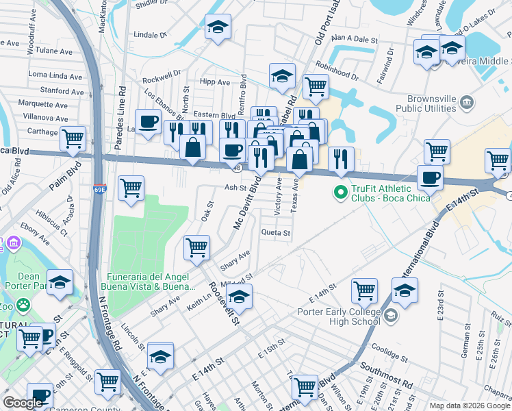 map of restaurants, bars, coffee shops, grocery stores, and more near 55 Velma Street in Brownsville
