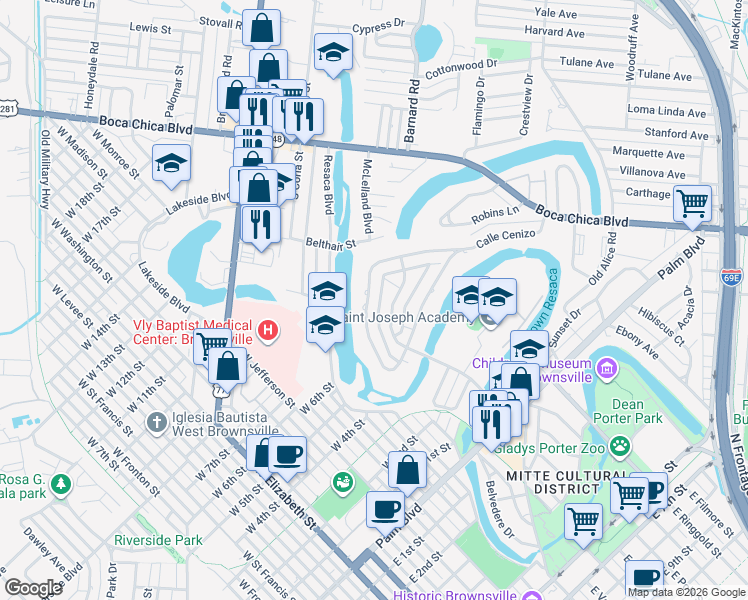 map of restaurants, bars, coffee shops, grocery stores, and more near 214 Calle Jacaranda in Brownsville