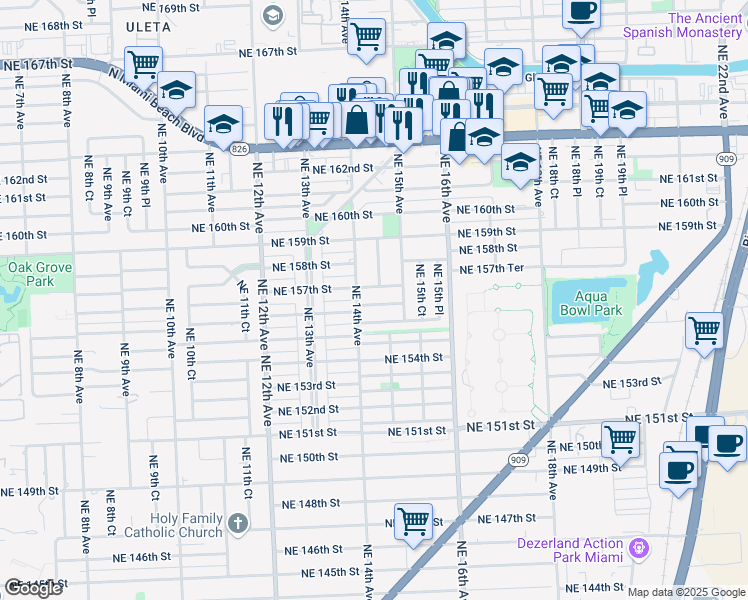 map of restaurants, bars, coffee shops, grocery stores, and more near 1460 Northeast 157th Street in North Miami Beach