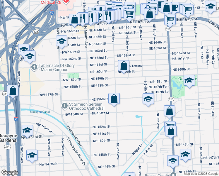 map of restaurants, bars, coffee shops, grocery stores, and more near 130 Northeast 158th Street in Miami