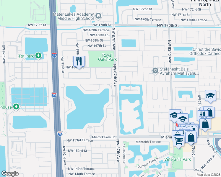 map of restaurants, bars, coffee shops, grocery stores, and more near 16105 Northwest 87th Court in Miami Lakes