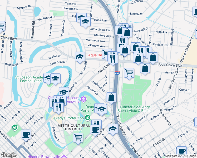 map of restaurants, bars, coffee shops, grocery stores, and more near 2020 Palm Boulevard in Brownsville
