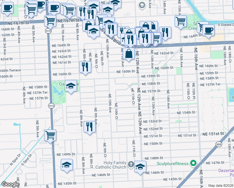 map of restaurants, bars, coffee shops, grocery stores, and more near 15725 Northeast 10th Avenue in North Miami Beach