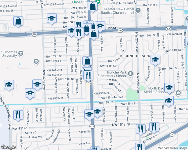 map of restaurants, bars, coffee shops, grocery stores, and more near in Miami Gardens