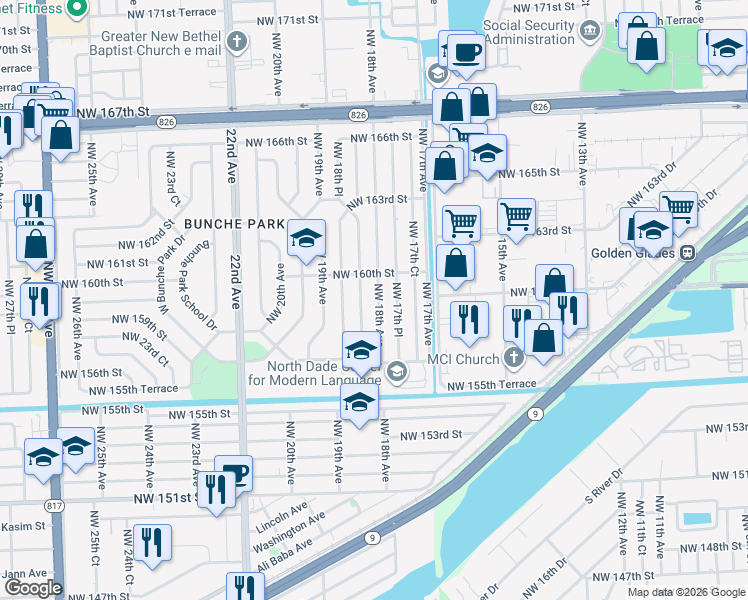 map of restaurants, bars, coffee shops, grocery stores, and more near 15930 Northwest 18th Avenue in Miami Gardens