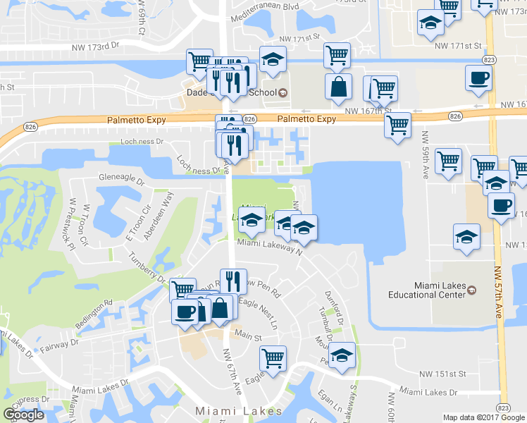 map of restaurants, bars, coffee shops, grocery stores, and more near 6425 NW Miami Lakeway in Hialeah