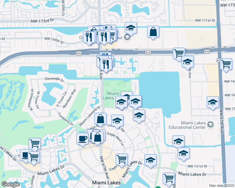 map of restaurants, bars, coffee shops, grocery stores, and more near 6425 Miami Lakeway North in Miami Lakes